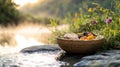 A rustic picnic basket with fresh bread and fruit by a misty riverbank at sunrise Royalty Free Stock Photo