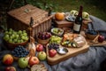 a rustic picnic basket with platters of fresh fruit, cheese and wine Royalty Free Stock Photo