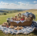 A rustic picnic,with a checkered blanket spread out on the grass, a basket overflowing with homemade, blue skies.