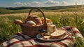 A Rustic Picnic Feast in a Golden Meadow with Fresh Bread and Cheese Royalty Free Stock Photo