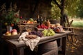 a rustic picnic table with a basket of freshly picked fruits, cheeses, and wines for two