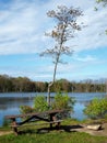 Rustic picnic table next to mountain lake