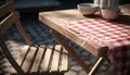 Rustic picnic table with striped tablecloth and empty chairs outdoors