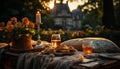 A rustic picnic table, wine, and bread in nature generated by AI