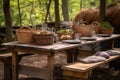 rustic picnic table with woven baskets, plates, and glasses