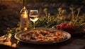 A rustic picnic with wine, pizza, and fresh Italian ingredients generated by AI Royalty Free Stock Photo