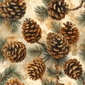 Rustic Pine Cones and Evergreen Branches Seamless Pattern Royalty Free Stock Photo