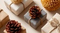 Rustic pinecone gift wrapping on textured boxes Royalty Free Stock Photo