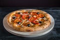 Rustic pizza with salami, mozzarella, fresh tomatoes, red onion, black olives and fresh basil. Home made pizza Royalty Free Stock Photo