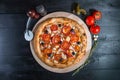 Rustic pizza with salami, mozzarella, fresh tomatoes, red onion, black olives and fresh basil. Home made pizza Royalty Free Stock Photo