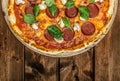 Rustic pizza with salami, mozzarella and spinach Royalty Free Stock Photo