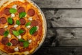 Rustic pizza with salami, mozzarella and spinach Royalty Free Stock Photo