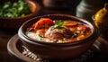 A rustic plate of braised pork stew with fresh vegetables generated by AI