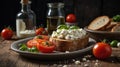 Rustic Bread Slice with Ricotta, Tomato, and Basil on Wooden Table in Dark Moody Setting. Royalty Free Stock Photo