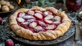 Rustic plum galette with flaky crust and powdered sugar on wooden table Royalty Free Stock Photo