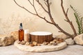 Rustic podium of cylinder shape, stones and dried branches Royalty Free Stock Photo