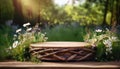 rustic podium made of intertwined branches, surrounded by blooming wildflowers and soft greenery, creates serene and enchanting