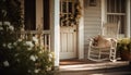 Rustic porch with comfortable chairs, old fashioned door, and plants generated by AI