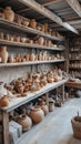 A rustic pottery barn with shelves of clay pots, vases, and sculpting Royalty Free Stock Photo