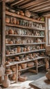 A rustic pottery barn with shelves of clay pots, vases, and sculpting Royalty Free Stock Photo