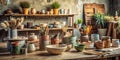 Rustic pottery studio workspace with earthenware and tools arranged on wooden table. Generative AI Royalty Free Stock Photo