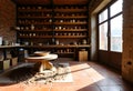 Rustic pottery workshop interior with clay pots on wooden shelves and brick wall Royalty Free Stock Photo
