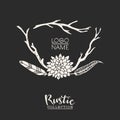 Rustic premade typographic logo with flowers, branches and feathers Royalty Free Stock Photo