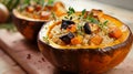 A rustic presentation of buckwheat risotto served in a hollowedout squash and topped with roasted root vegetables Royalty Free Stock Photo