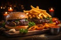 Rustic presentation craft beef burgers, fresh vegetables, and fries on wood