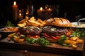 Rustic presentation craft beef burgers, fresh vegetables, and fries on wood