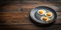 A rustic presentation of three perfectly fried eggs on a dark plate, resting on a rich brown wooden surface. Generative AI Royalty Free Stock Photo
