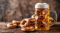 Rustic Pretzel and Beer Celebration: Traditional Snack and Lager on a Wooden Table Royalty Free Stock Photo
