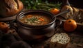 Rustic pumpkin soup on wooden table, perfect for autumn lunch generated by AI