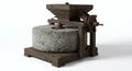 Rustic Quern Stone Mill on White Background Ancient Grinding Tool Farm Milling Equipment Historic Grain Production Royalty Free Stock Photo