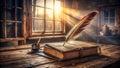 A rustic quill pen resting on an antique book near a window in a sunlit room. Generative AI Royalty Free Stock Photo