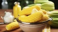 Rustic Radiance - Boiled corn in bowl, on wooden table, on bright background. Generative AI