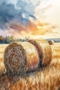 Rustic Radiance: A Serene Sunset Scene of Enormous Hay Bales in