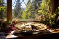 rustic raspberry pie on windowsill with golden hues and flaky crust, morning sun, outside the city Royalty Free Stock Photo