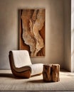 Rustic recliner chair near stucco wall with textured poster frame. Boho interior design of modern living room in farmhouse.