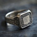 Rustic rectangular silver ring with intricate etchings on weathered surface Royalty Free Stock Photo