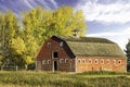 Rustic red barn on a lush green field with trees in autumn colours standing in a farmyard in Rocky View county Alberta Canada Royalty Free Stock Photo
