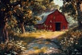 A rustic red barn surrounded by tall trees and lush greenery Royalty Free Stock Photo