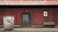 Rustic red barn, weathered door, rural setting, old bin, bench Royalty Free Stock Photo