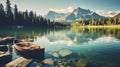 Rustic Reflections - A Wooden Boat Anchored in Unison with the Grandeur of Mountains. Generative AI