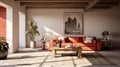 Rustic Renaissance Realism: 3d Rendering Of Orange Sectional Sofa In Living Room