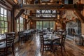 A rustic restaurant featuring wooden tables and chairs with a warm fire burning in the fireplace, A rustic farmhouse-style