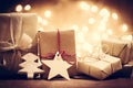 Rustic retro gifts, present boxes on glitter background. Christmas time