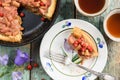 Rustic rhubarb pie with fresh forest strawberries baked in cast Royalty Free Stock Photo