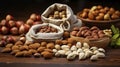 Rustic Richness. Almonds, Hazelnuts, and Walnuts on Wood. Generative AI Royalty Free Stock Photo