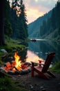 Rustic river camping, fire s glow, comfy chairs, glowing embers, trees Royalty Free Stock Photo